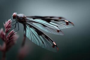 Insect with delicate wings fluttering gently on a flower at dusk photo