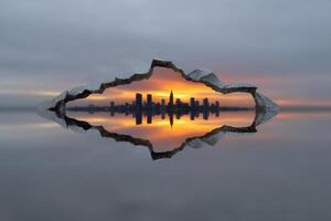 Mirror forms an imaginative skyline amidst a serene sunset reflection photo