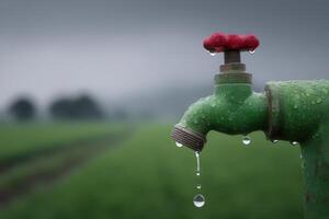 Watermelon with valve installed dripping in a lush green field during cloudy weather photo