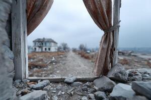 Curtains fluttering in a shattered window overlooking a desolate landscape of ruin and decay photo