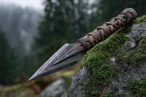 Craftsmanship of a braided spear with sharpened obsidian tip in a forest setting photo