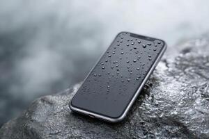 Black smartphone with raindrops rests on a wet stone by the water in a tranquil outdoor setting photo