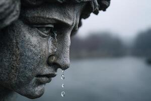 Water drips from a statue's face, merging with the emotion of the surrounding misty scene photo