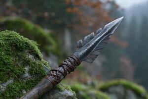 Sharpened obsidian tip spear with braided handle resting on mossy rocks in a misty forest photo