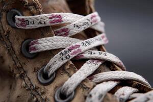 Shoelaces creatively form readable text on worn footwear in an artistic display photo