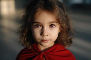 Little girl stands confidently in a bright room wearing a red cape and looking directly at the camera photo