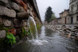 Water gently flowing from a brick wall into a puddle during a misty morning photo