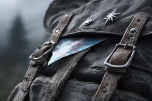 Holographic map emerging from weathered backpack in misty landscape photo