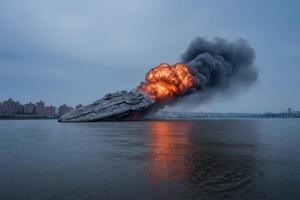 Alien spaceships are sinking in the water as explosions erupt in the sky during twilight hours photo