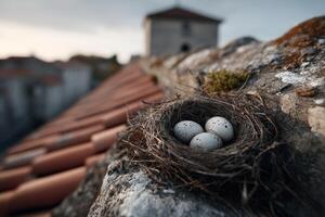 Nest of birds resting between rooftop tiles at dusk near a tranquil village setting photo