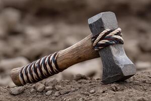 Stone-headed hammer resting on the ground in an outdoor work environment photo