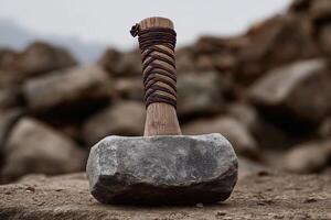 Primitive hammer with stone head rests on rocky terrain in a natural setting photo