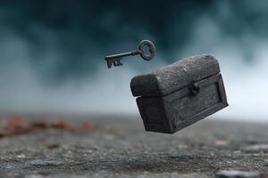 Floating key turning in midair above a mysterious locked box in a foggy environment photo