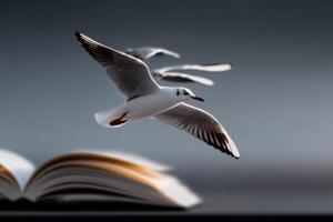 Shadowy birds emerge from an open book in a serene yet captivating display photo