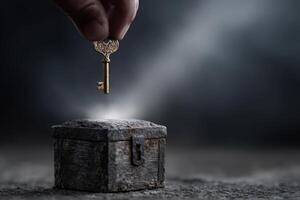 Key hovers midair above a locked chest in a dimly lit setting, moment of suspense captured photo
