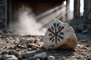 Ritual stone with unknown creature markings found in an abandoned site during the afternoon photo
