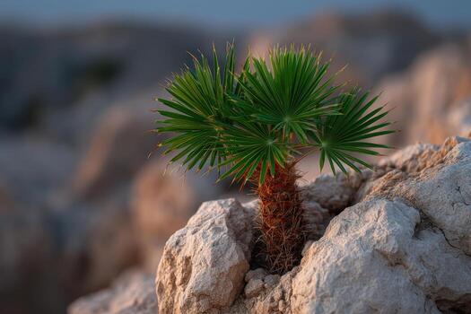 Palm tree thriving in desert with half of its leaves in sunlight photo