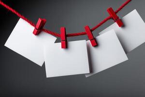 Creative display of blank papers hanging on red twine with clothespins against a dark background photo