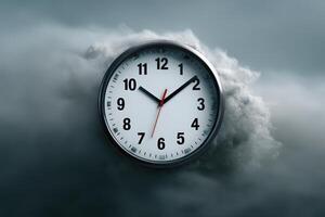Clock transforms into swirling smoke at twilight, visualizing the passage of time photo