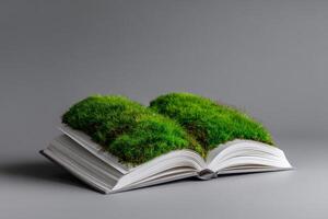 Living moss emerges from the pages of a book creating a vibrant natural display photo