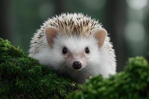 Hedgehog with unique quills exploring a mossy forest floor in the early morning light photo