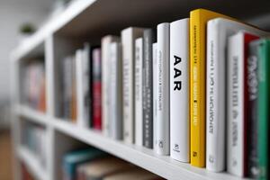 Books lined on a shelf displaying various titles in an unknown alphabet and organized in a neat order photo