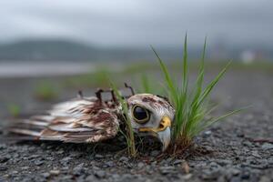 Drone covered in grass and rust sits abandoned in an overgrown field at dusk photo