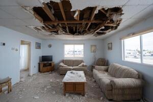 Wires and debris from ceiling tiles in a damaged living room photo