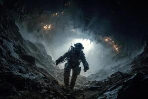 Modern spacesuit explorer descends into a mysterious cave environment photo