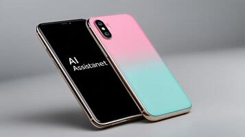 Smartphone placed flat on a minimal surface with a gradient design and vibrant display photo