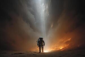 Modern spacesuit exploration in an otherworldly canyon environment at twilight photo
