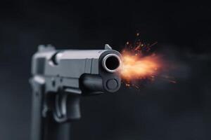 Bullet fired from a handgun with visible flame and sparks in a dark environment photo