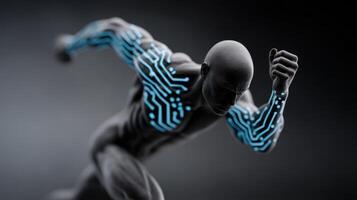 Human figure sprinting toward a glowing target in a dark environment during an intense moment photo