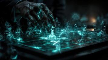 Glowing digital chessboard with a player's hand making a strategic move at night photo