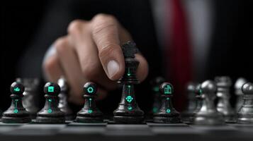 Glowing digital chessboard enhances strategy during competitive match in urban setting photo
