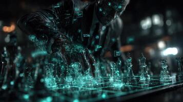 Digital chessboard illuminates strategy in an intense gameplay moment photo