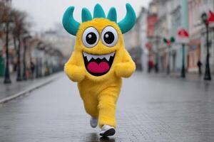 Person in vibrant monster mascot costume runs joyfully through a city street on a cloudy day photo