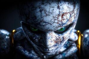 Futuristic robot with intricate design and captivating green eyes on display in dark setting photo