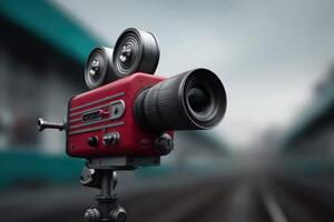 Vintage cinema camera capturing punk style moments at an urban location photo