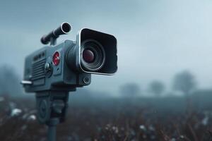 Vintage camera captures punk-style cinema in a misty field setting photo