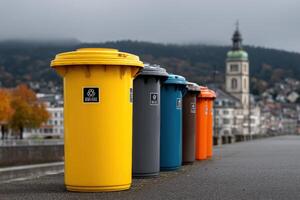 Row of colorful recycling bins on a street in Germany under a cloudy sky photo