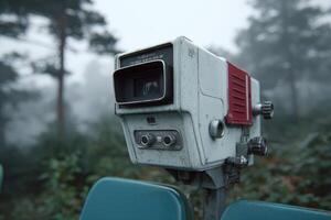 Vintage film camera captures punk style cinema in a foggy forest environment photo