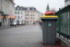 Improperly sorted waste bin on a quiet street during a cloudy day photo