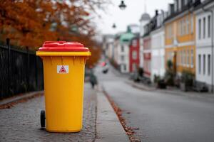 Waste bin located on a street with incorrectly sorted materials during autumn season photo