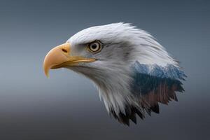 Majestic eagle soaring against a backdrop of rugged mountains at dusk photo
