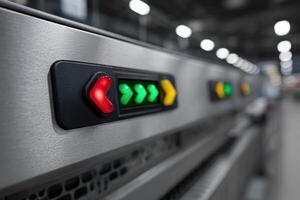 Glowing arrows highlight machine control interface in modern manufacturing facility photo