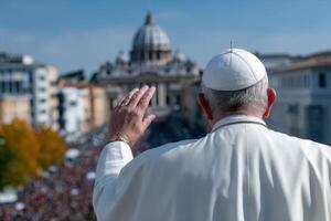 Pope raises hand to bless crowd gathered in Vatican City on a clear day photo
