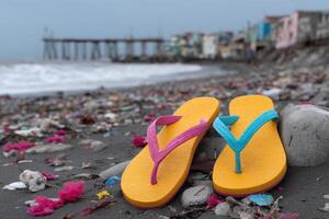 Flip flops covered in microplastics on a polluted beach near a pier during overcast weather photo