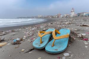 Flip flop buried in microplastics on a polluted beach with distant buildings photo