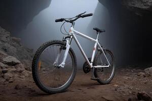 Mountain bike resting on dirt floor inside a dim cave illuminated by torchlight photo